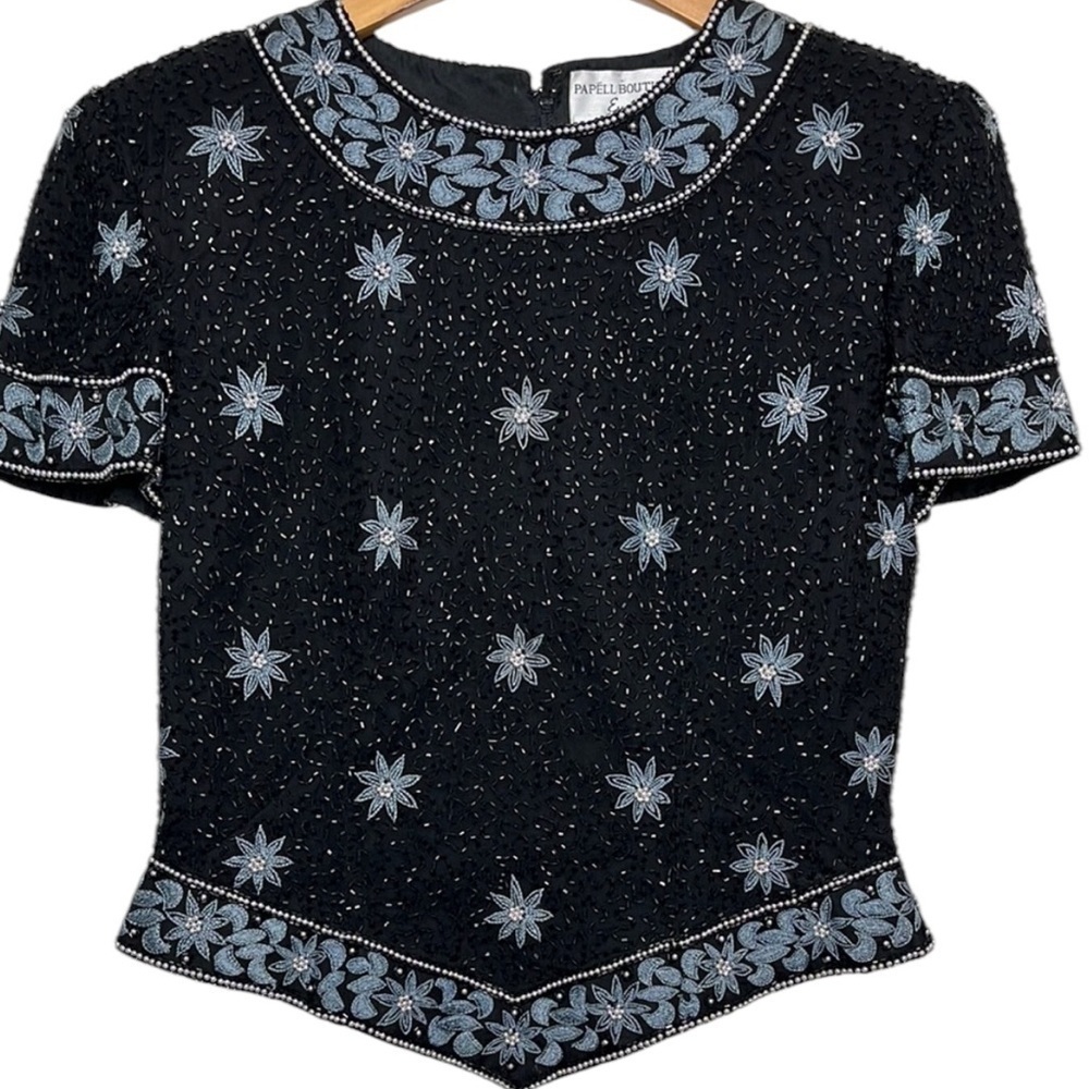 Vintage Papell Boutique Evening Floral Beaded Silk Blouse Women Size S BLEMISH